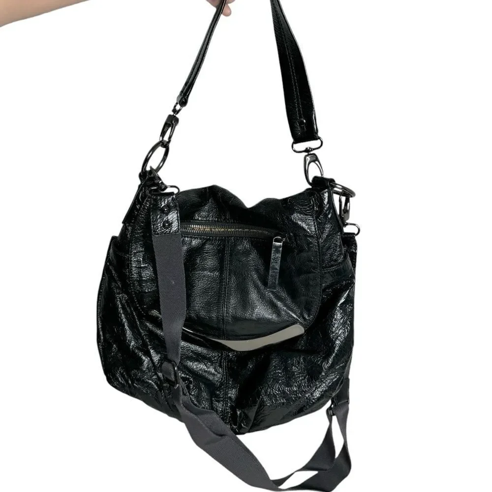 Hobo International Black Patent Leather Slouchy Convertible Hobo Bag Carryall